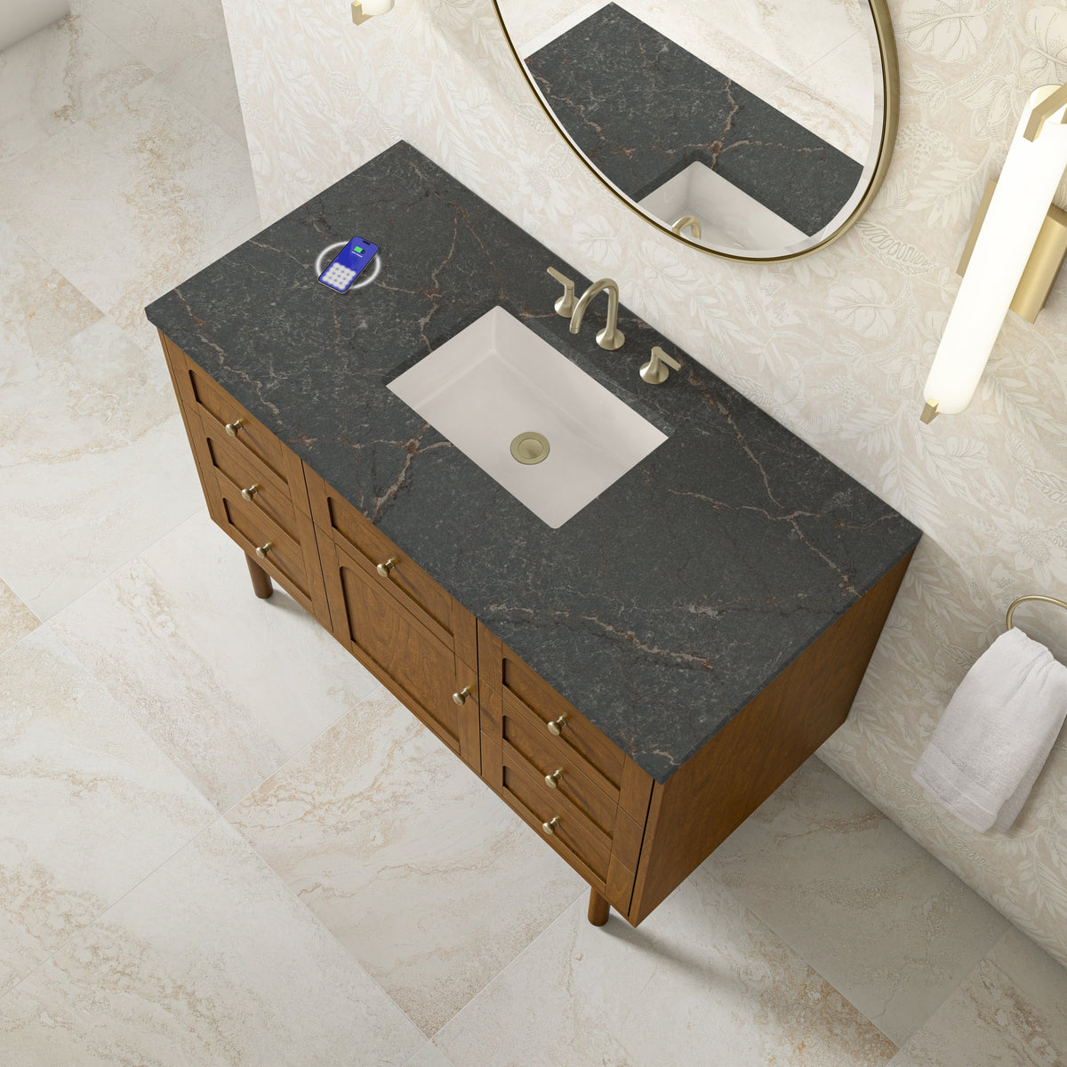 James Martin Laurent 48" Dual Mount Single Bathroom Vanity, Honey Oak with Parisien Bleu (FreePower) countertop