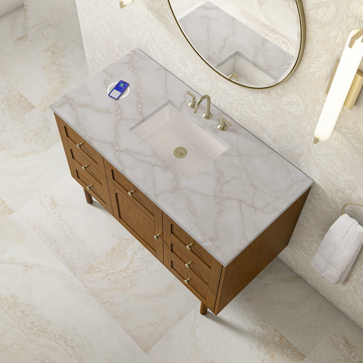 James Martin Laurent 48" Dual Mount Single Bathroom Vanity, Honey Oak with Victorian Silver (FreePower) countertop
