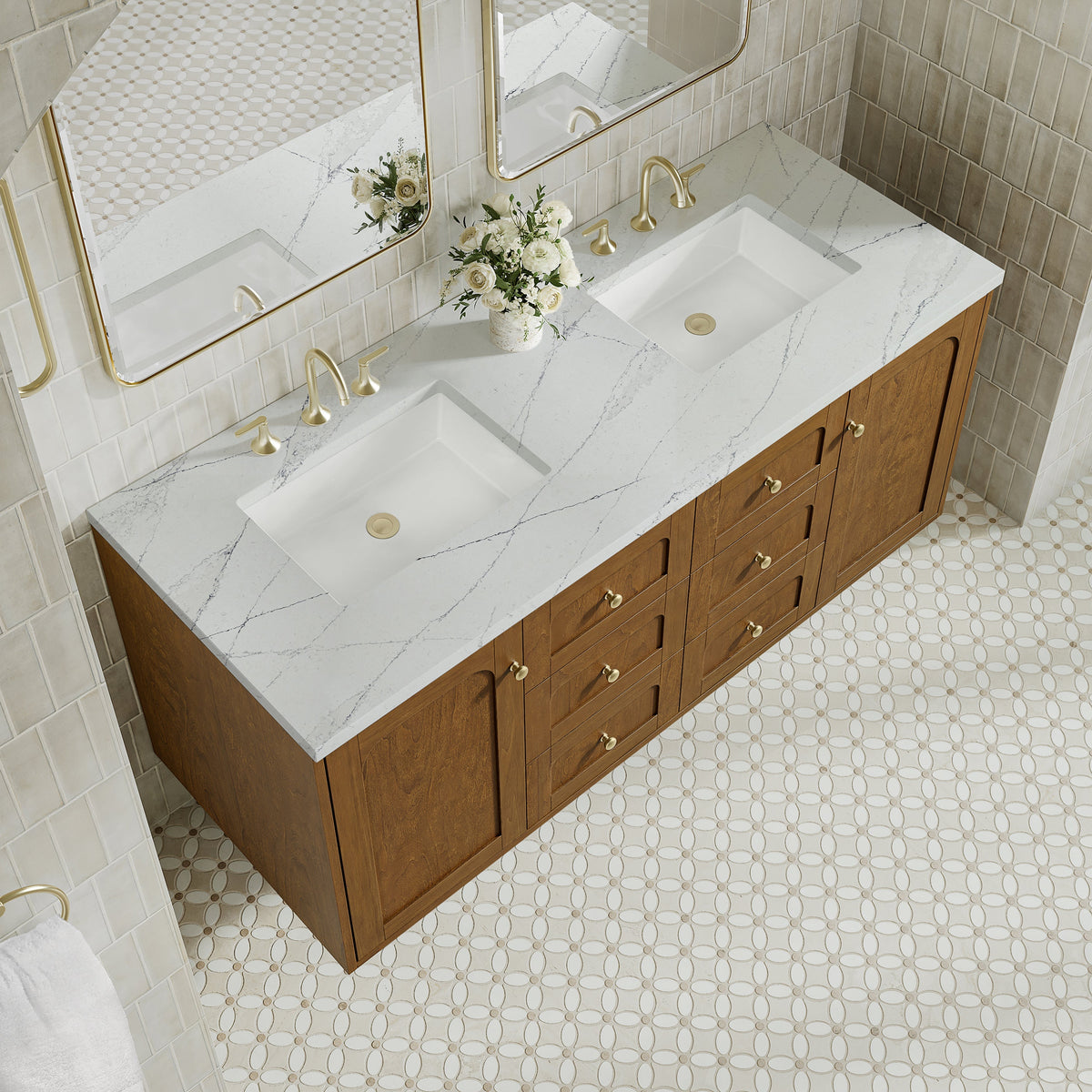 James Martin Laurent 60" Dual Mount Double Bathroom Vanity, Honey Oak with Ethereal Noctis countertop