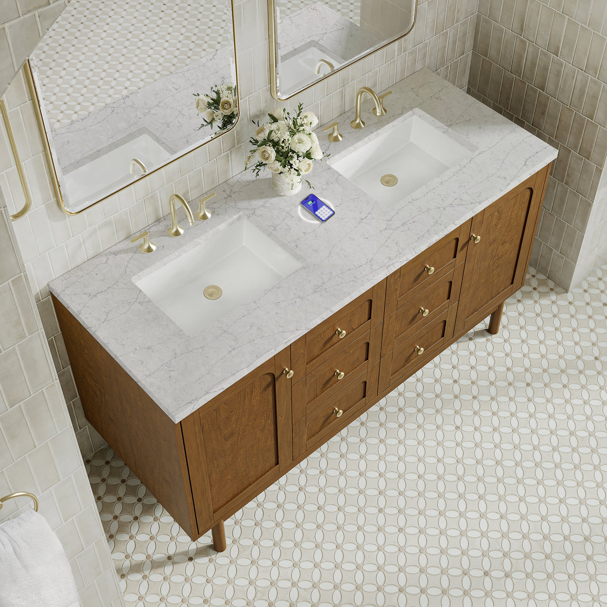 James Martin Laurent 60" Dual Mount Double Bathroom Vanity, Honey Oak with Eternal Jasmine Pearl (FreePower) countertop