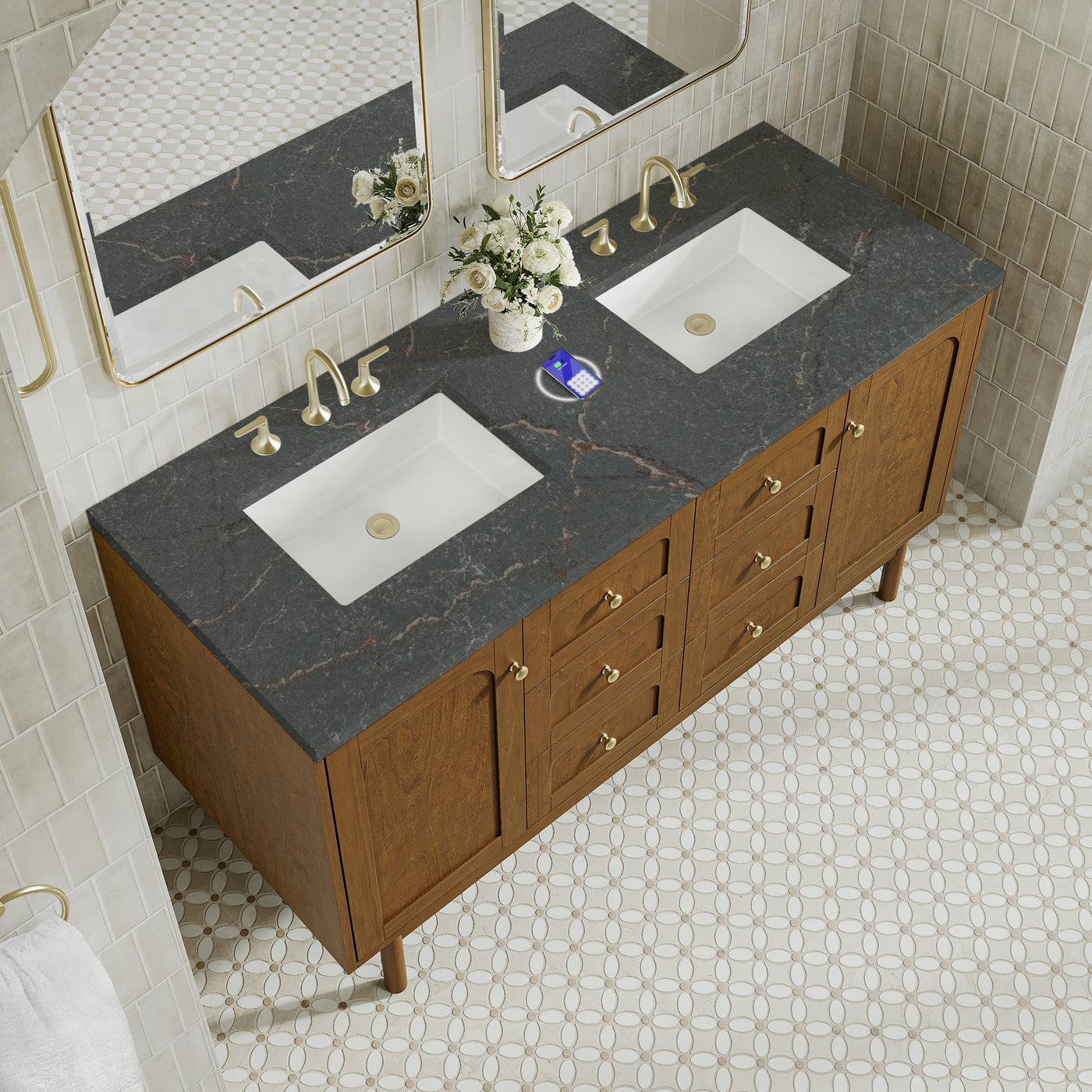 James Martin Laurent 60" Dual Mount Double Bathroom Vanity, Honey Oak with Parisien Bleu (FreePower) countertop