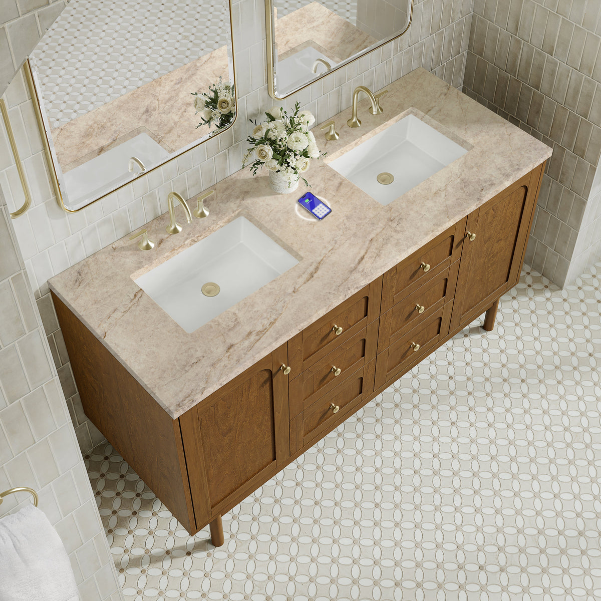 James Martin Laurent 60" Dual Mount Double Bathroom Vanity, Honey Oak with Tajnar (FreePower) countertop
