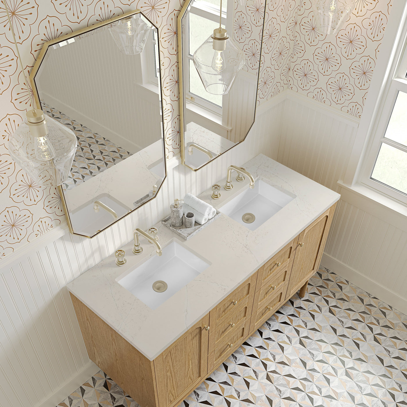 James Martin Laurent 60" Dual Mount Double Bathroom Vanity, Light Natural Oak with Siberian countertop
