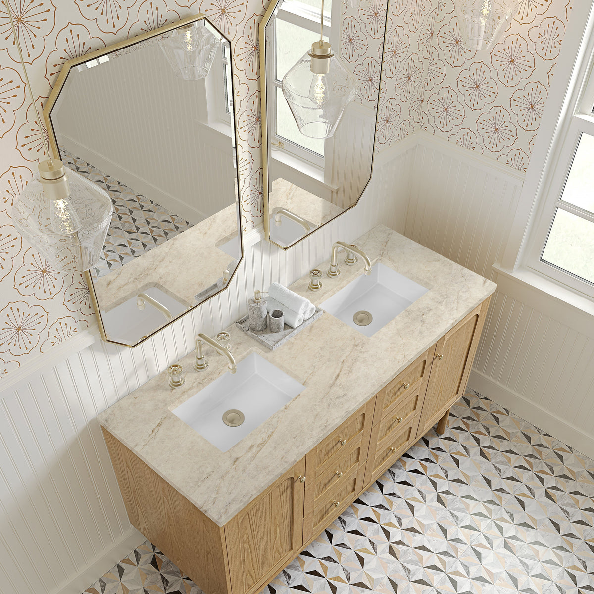 James Martin Laurent 60" Dual Mount Double Bathroom Vanity, Light Natural Oak with Tajnar countertop
