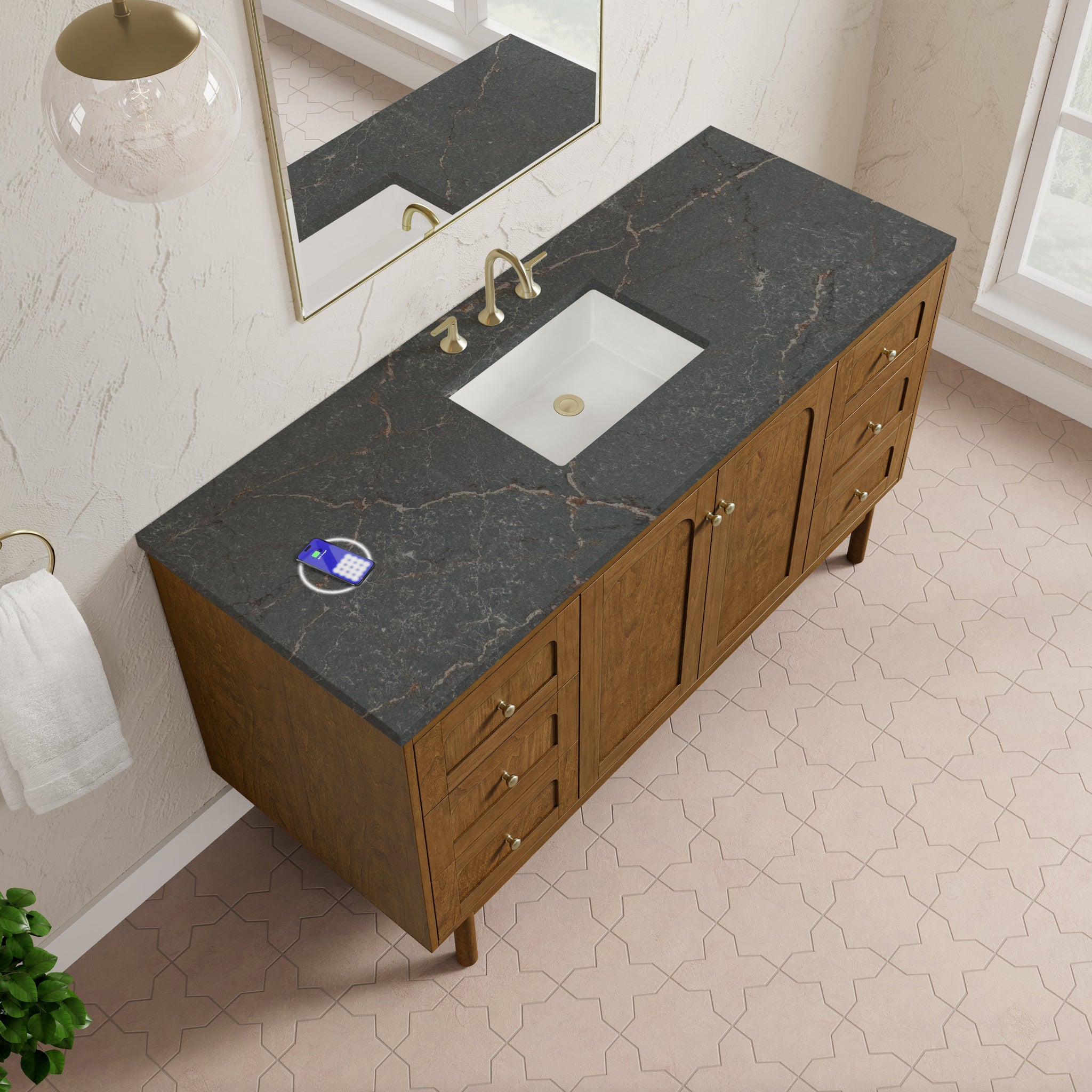 James Martin Laurent 60" Dual Mount Single Bathroom Vanity, Honey Oak with Parisien Bleu (FreePower) countertop