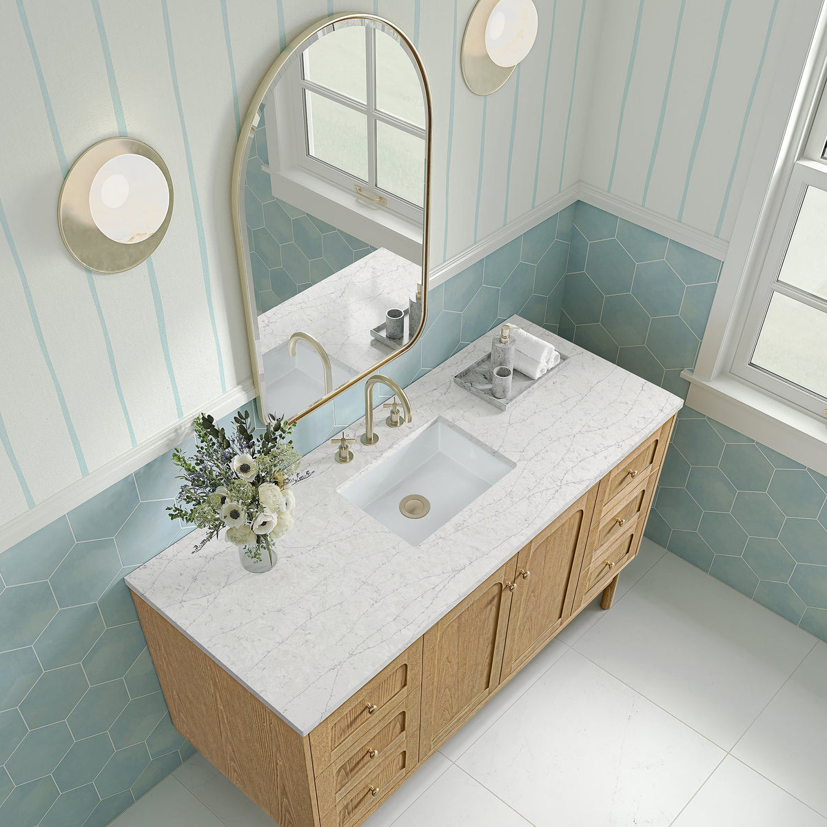 James Martin Laurent 60" Dual Mount Single Bathroom Vanity, Light Natural Oak with Eternal Jasmine Pearl (Quartz) countertop
