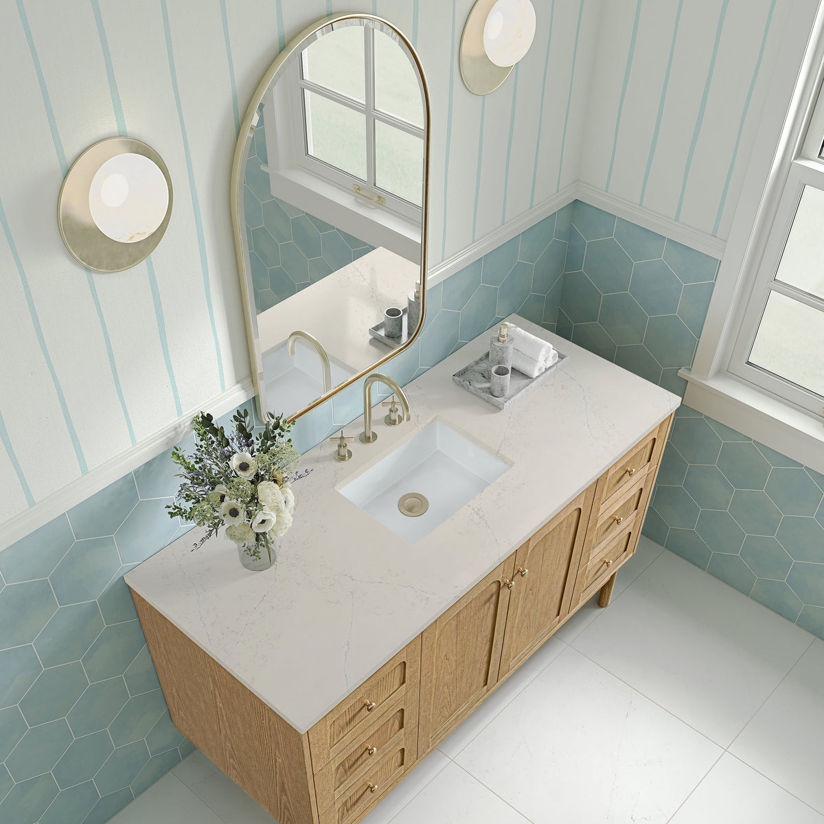 James Martin Laurent 60" Dual Mount Single Bathroom Vanity, Light Natural Oak with Siberian countertop