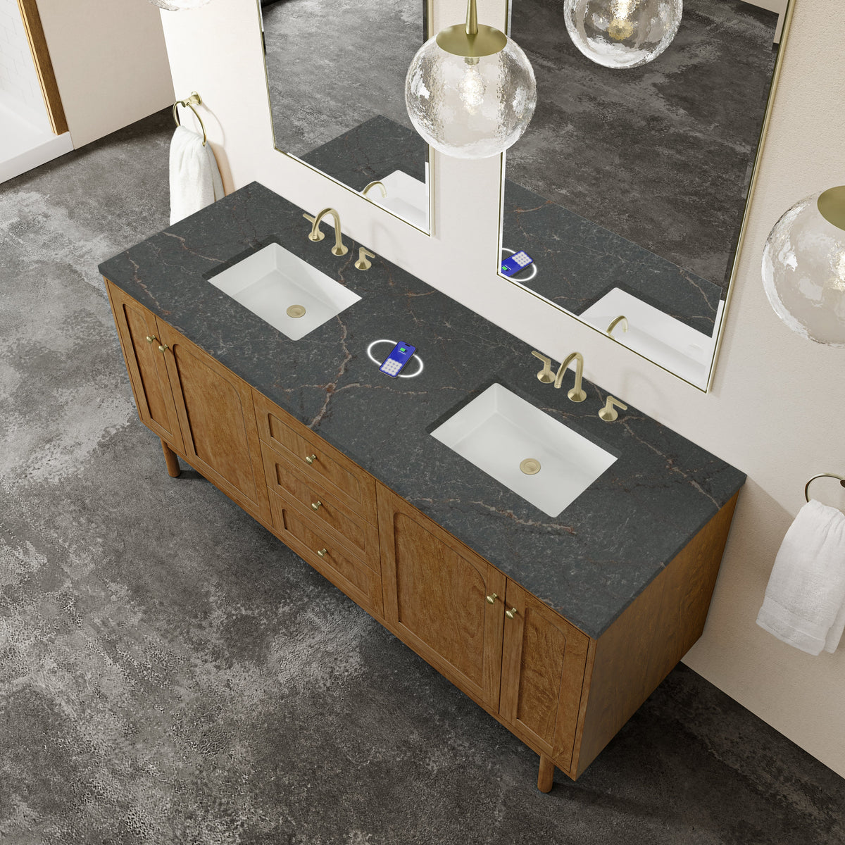 James Martin Laurent 72" Dual Mount Double Bathroom Vanity, Honey Oak with Parisien Bleu (FreePower) countertop