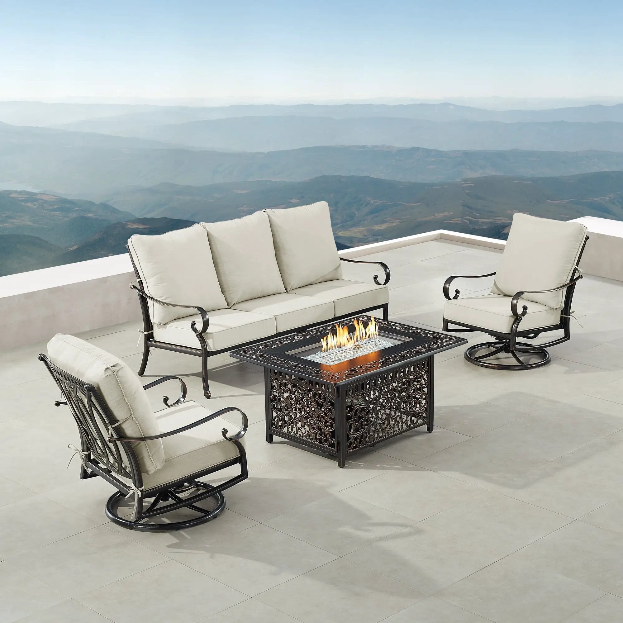 Black Aluminum Fire Table Set with Sofa and Two Club Chairs by Sharicks