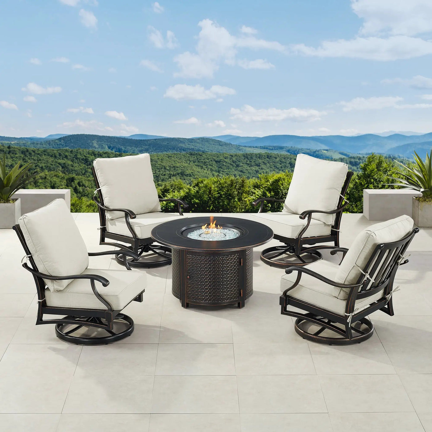 Black Aluminum Fire Table Set with Four Club Chairs by Sharicks