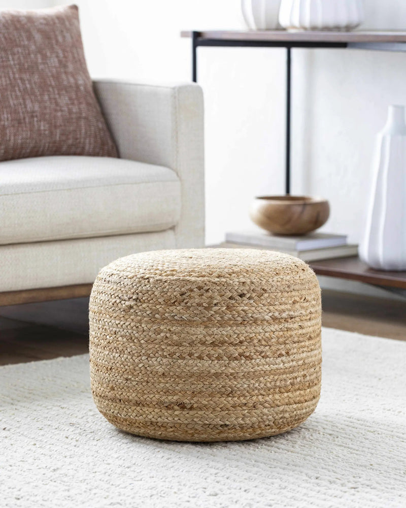 Lavertezzo Brick Red Knitted Beige Cotton Pouf by Boutique Rugs
