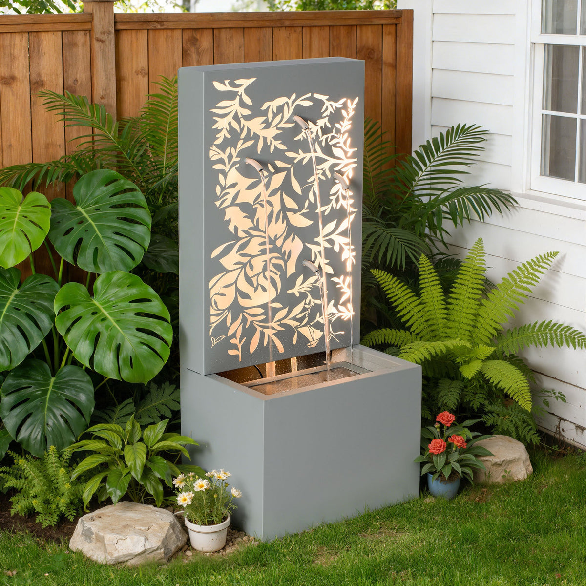 Metal Wall Fountain Outdoor Cut Leaf Panel Backlit, photo 4 of 8