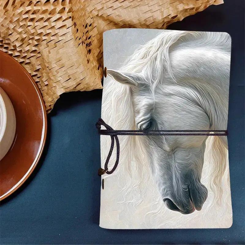 Leather Notebook 160 Pages 80 Sheets Home Gift for New Parent Suitable for Baby Log Milestones and Parenting Notes with White horse with flowing mane Pattern by House Of Avana