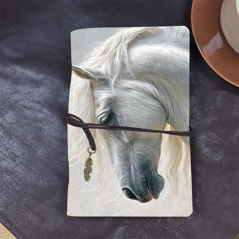 Leather Notebook 160 Pages 80 Sheets Home Gift for New Parent Suitable for Baby Log Milestones and Parenting Notes with White horse with flowing mane Pattern by House Of Avana