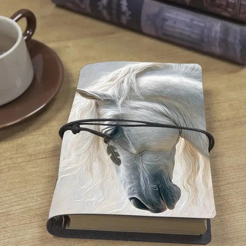 Leather Notebook 160 Pages 80 Sheets Home Gift for New Parent Suitable for Baby Log Milestones and Parenting Notes with White horse with flowing mane Pattern by House Of Avana