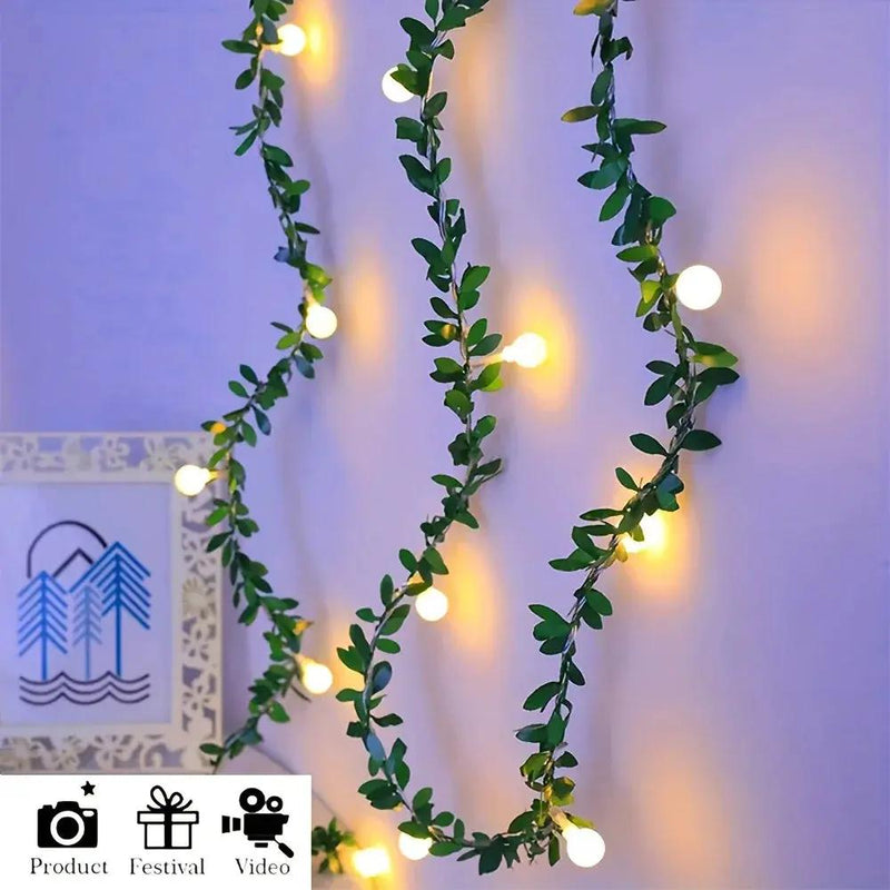 LED Fairy Lights, Round Ball String with Green Vine Garland by House Of Avana