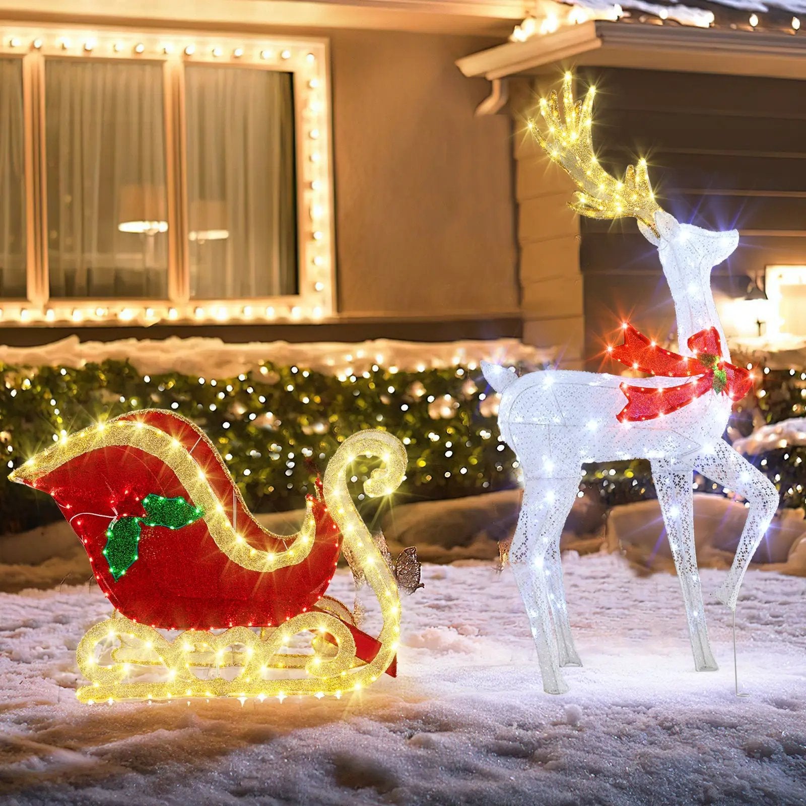 LED Lighted Christmas Reindeer and Santas Sleigh by DirectDeals