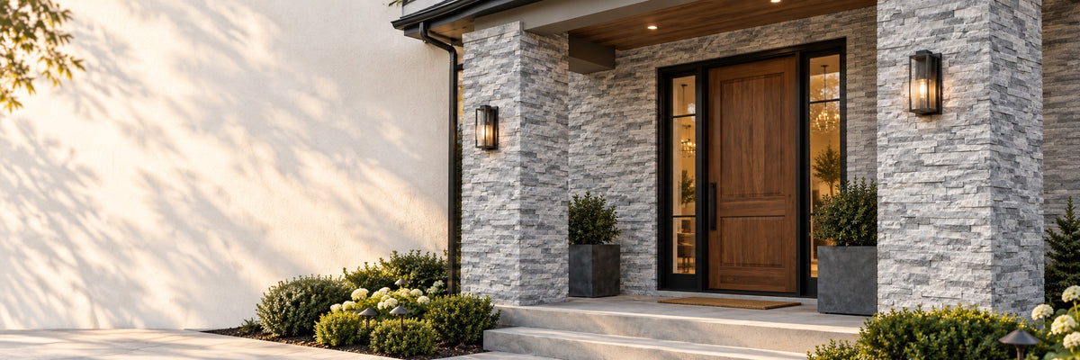 Front entry with gray split face stone ledger panels on the columns and walls, a wood door and wall lanterns