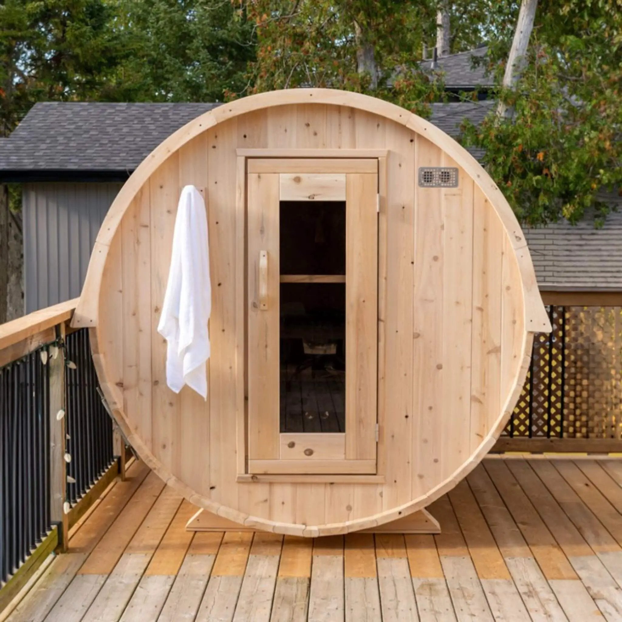 Dundalk Leisurecraft 84-Inch 4-Person Canadian Timber Harmony Barrel Sauna With Solid Wood Benches [CTC22W] (SAK96842) by SAKSBY WHOLESALE