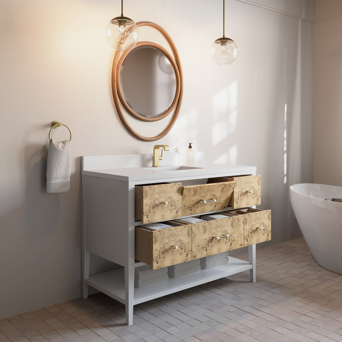 James Martin Olena 48" Single Bathroom Vanity, Polished White and Light Mappa Burl, view 24