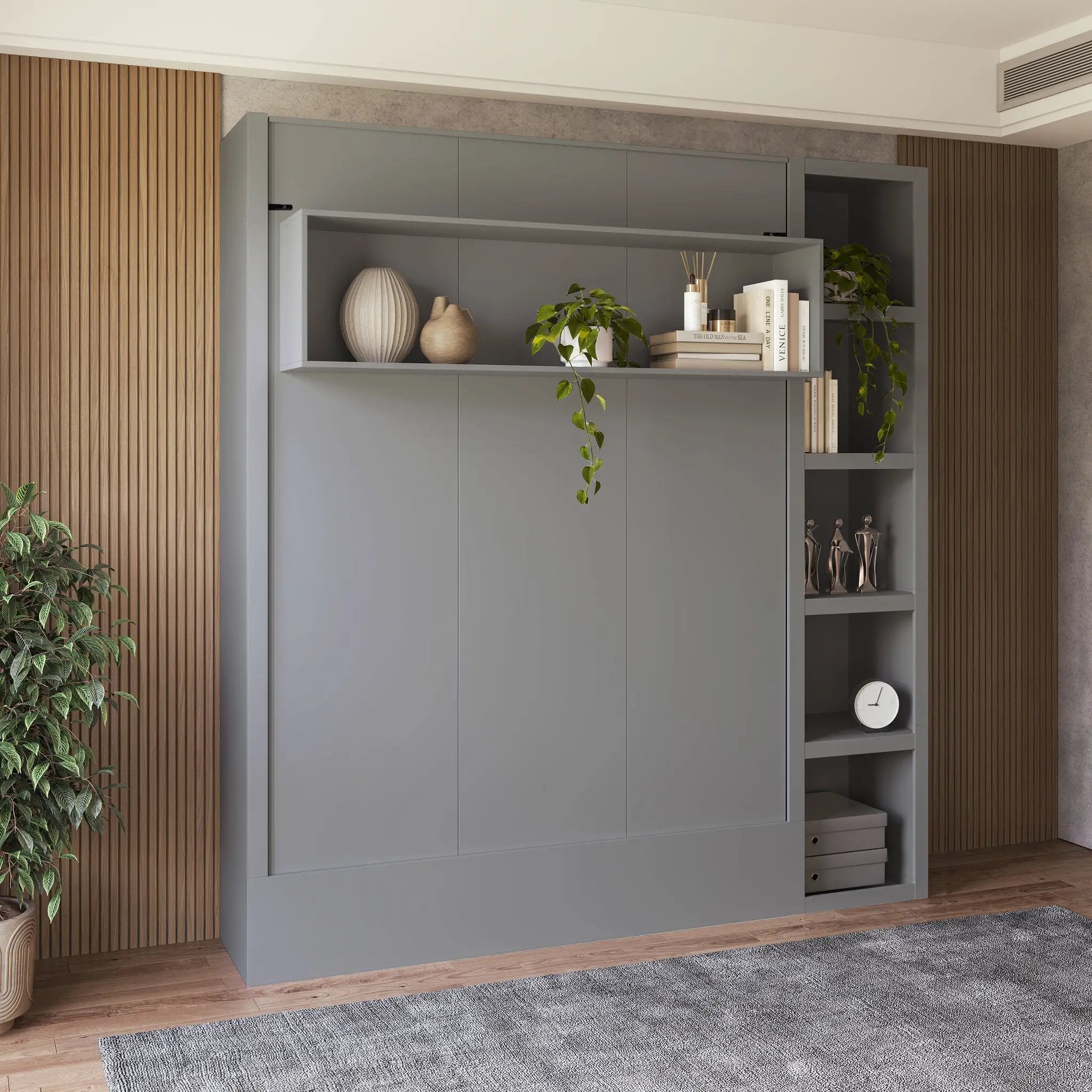 Easy-Lift Queen Murphy Wall Bed in Grey with Bookshelf by Sharicks