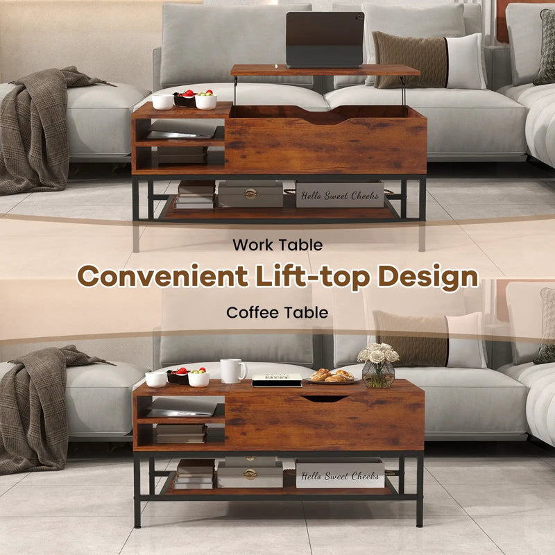 Lift Top Coffee Table with Hidden Compartment and Removable Storage Shelf-Rustic Brown by DirectDeals