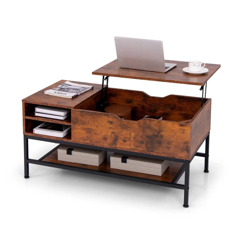 Lift Top Coffee Table with Hidden Compartment and Removable Storage Shelf-Rustic Brown by DirectDeals