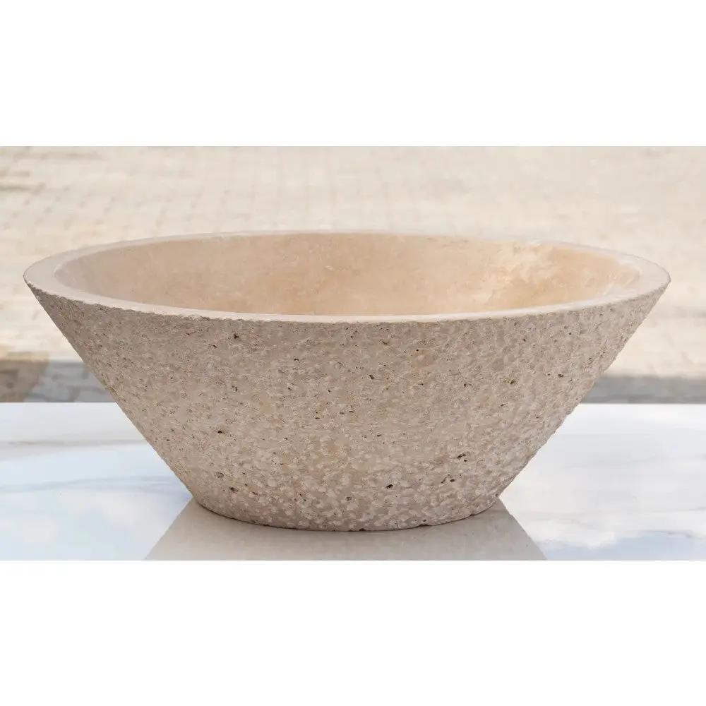 Light Beige Turkish Travertine Vessel Sink V-Shape 16x6 Handcrafted Honed Sandblasted by GobekDesign