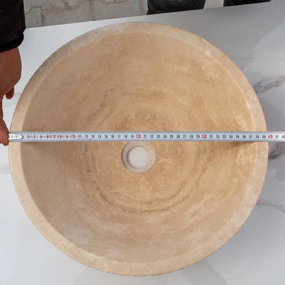 Light Beige Turkish Travertine Vessel Sink V-Shape 16x6 Handcrafted Honed Sandblasted by GobekDesign
