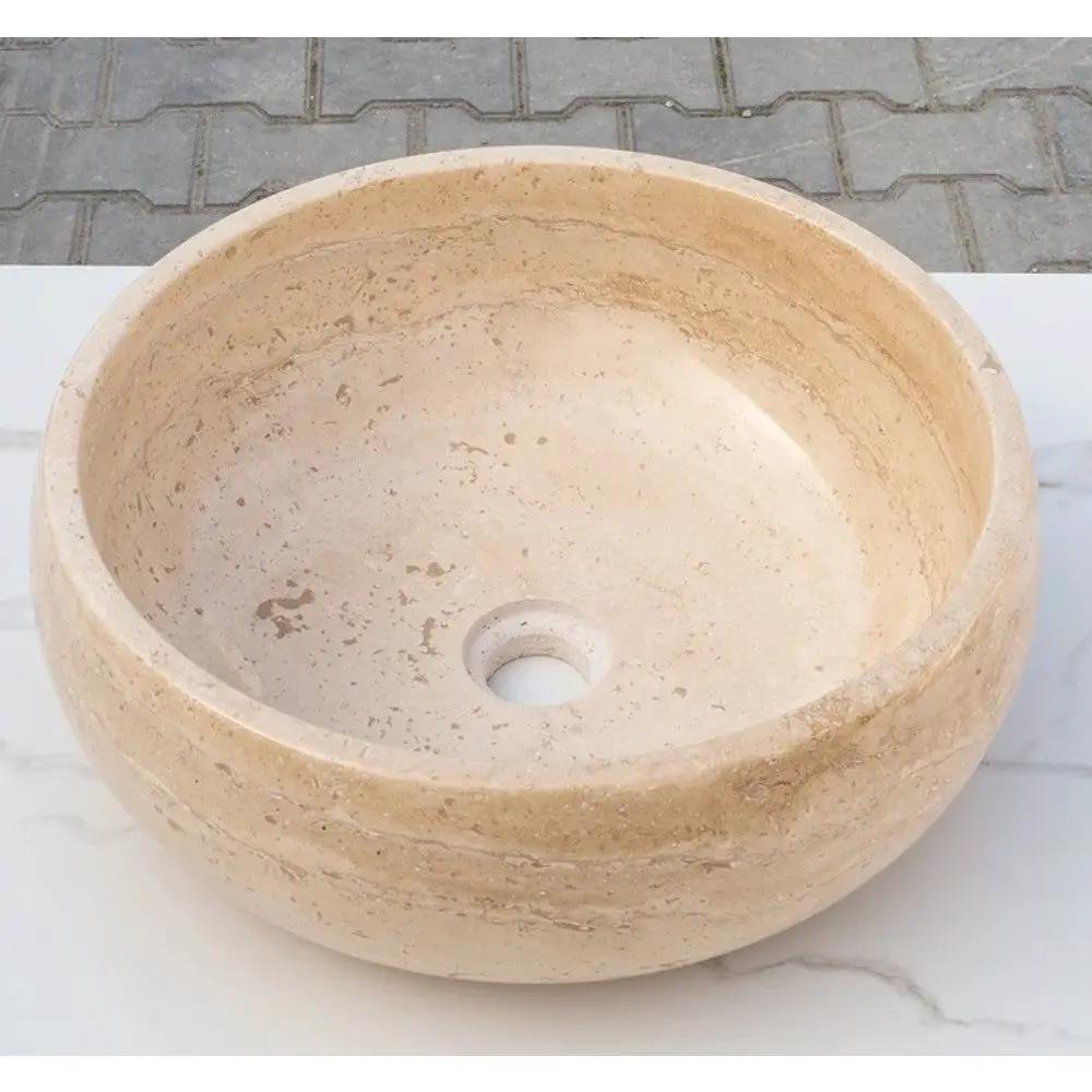 Light Beige Travertine Natural Stone Vessel Sink Polished 16x6 by GobekDesign