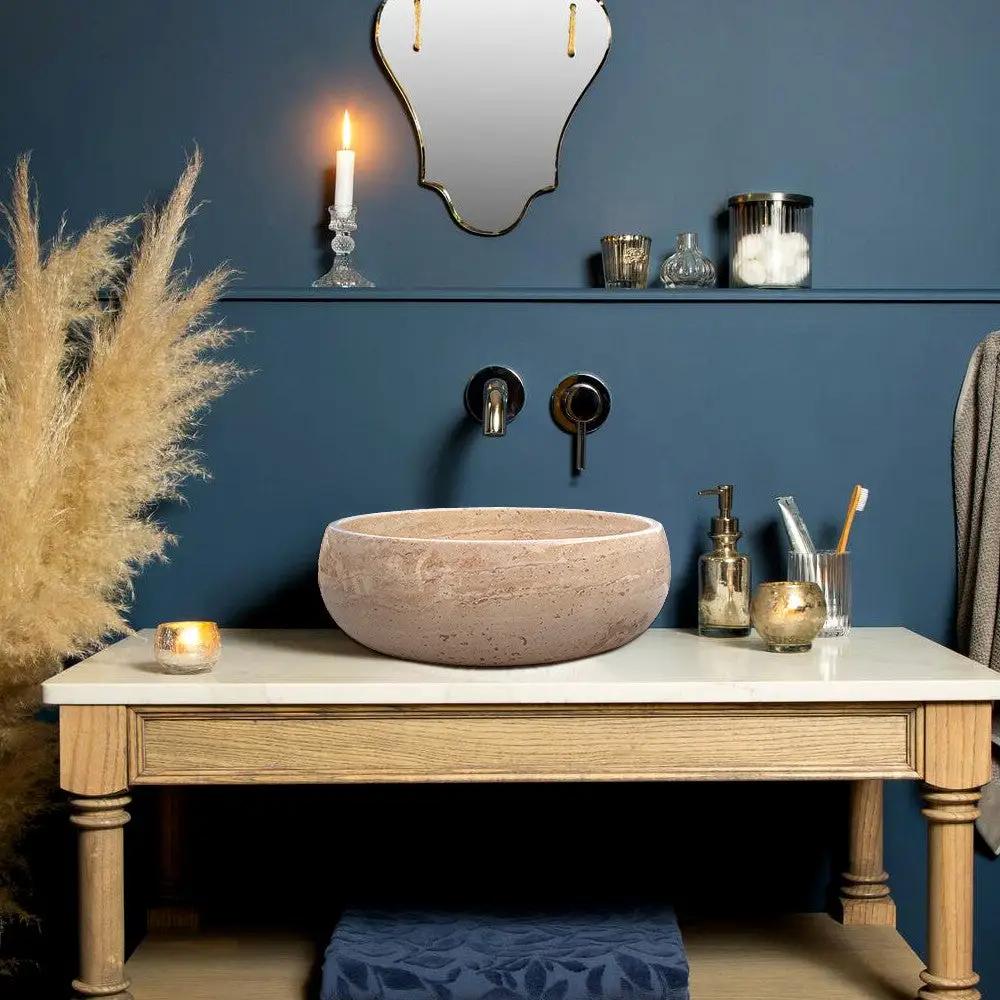Light Beige Travertine Natural Stone Vessel Sink Polished 16x6 by GobekDesign