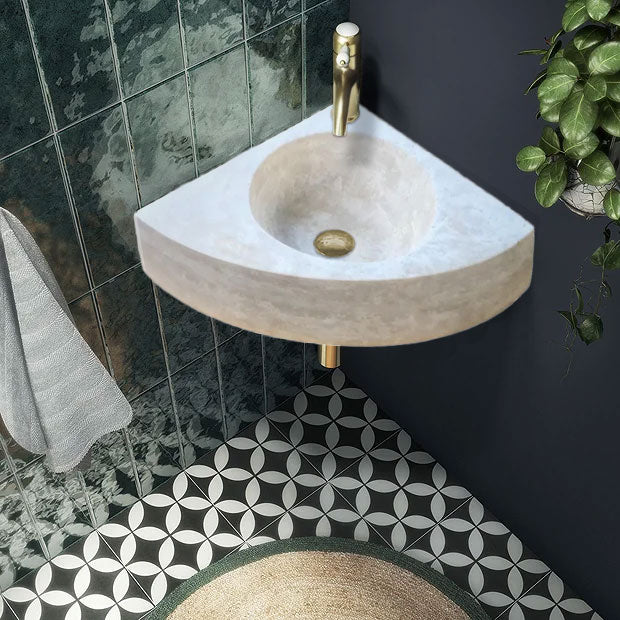 Light Beige Travertine Wall-Mount Corner Sink (W)15.7" (L)15.7" (H)4" by GobekDesign