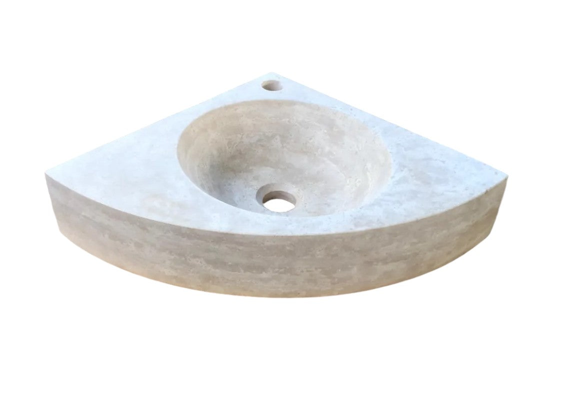 Light Beige Travertine Handcrafted Vessel Corner Sink Wall Mount 15.7 x 15.7 by GobekDesign