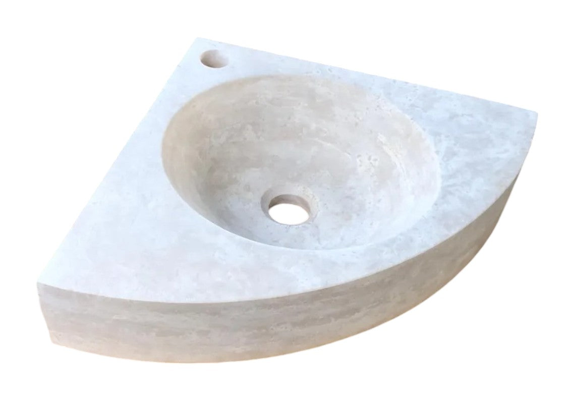 Light Beige Travertine Handcrafted Vessel Corner Sink Wall Mount 15.7 x 15.7 by GobekDesign