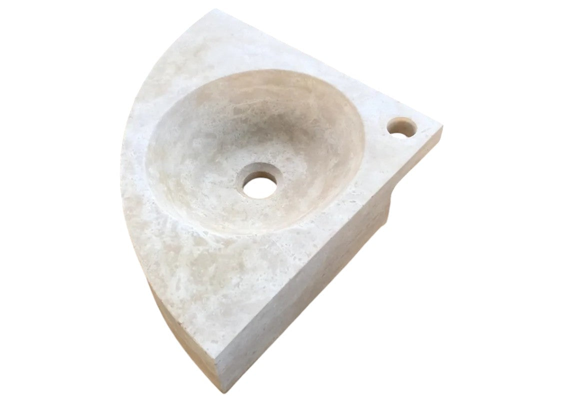 Light Beige Travertine Handcrafted Vessel Corner Sink Wall Mount 15.7 x 15.7 by GobekDesign