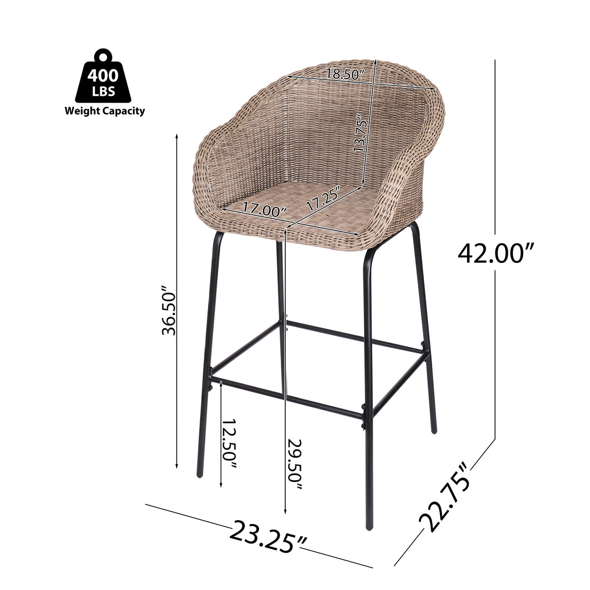 Light Brown Outdoor Metal Wicker Barstool Set of 2 with Iron Frames, photo 10 of 15