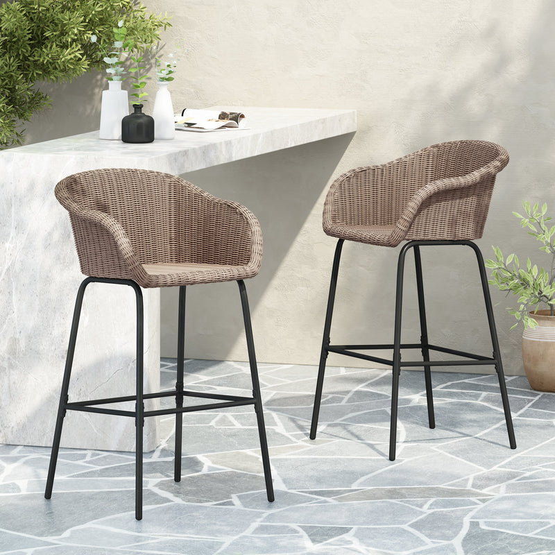 Light Brown Outdoor Metal Wicker Barstool Set of 2 with Iron Frames, photo 2 of 15