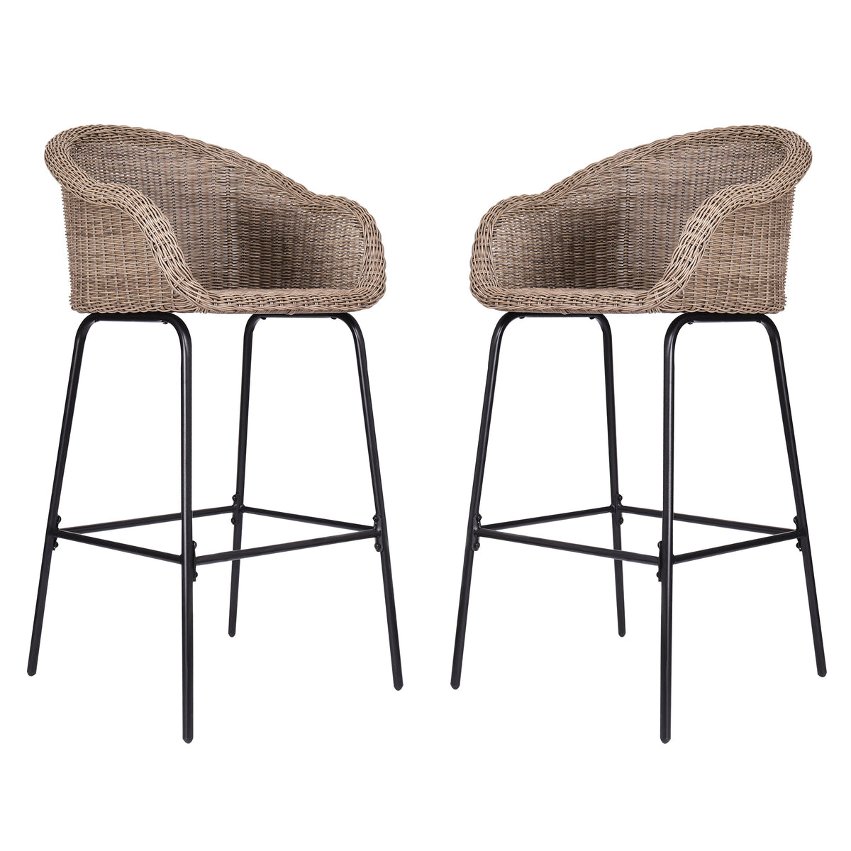 Light Brown Outdoor Metal Wicker Barstool Set of 2 with Iron Frames, photo 3 of 15