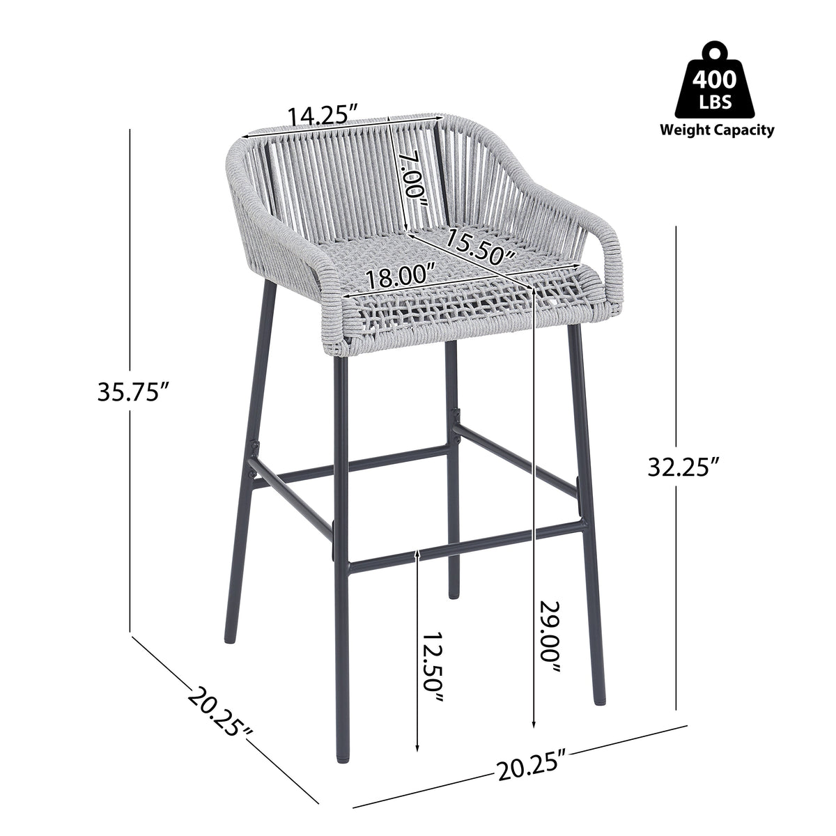 Light Gray Rope Outdoor Bar Stool Set with UV Resistance - Set of 2, photo 10 of 14