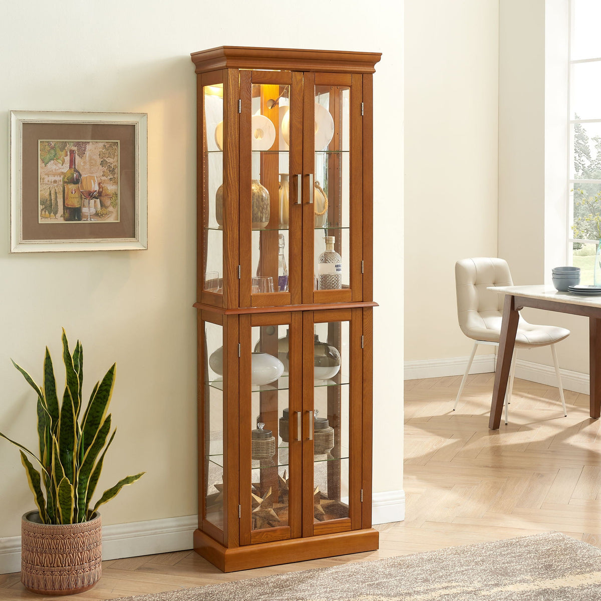 Lighted Curio Cabinet with Adjustable Shelves and Mirrored Back Panel - Dark Brown, Dark Red, Light Brown, photo 5 of 10