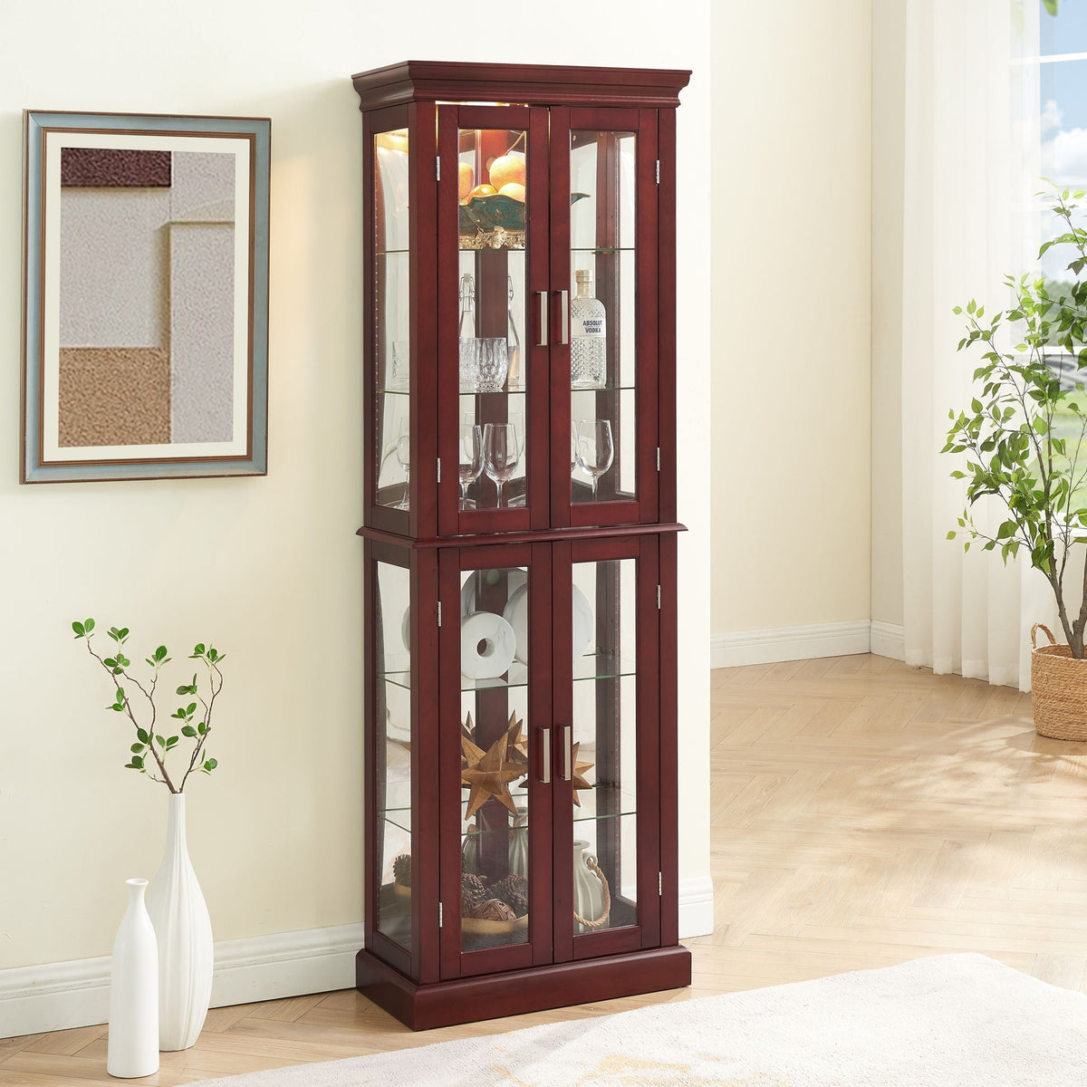 Lighted Curio Cabinet with Adjustable Shelves and Mirrored Back Panel - Dark Brown, Dark Red, Light Brown, photo 9 of 10