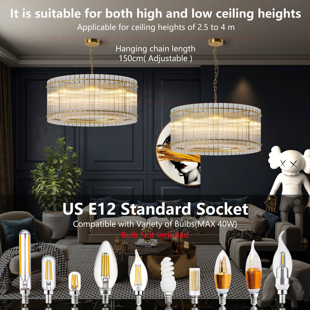 37" Modern Gold Round 8-Light Crystal Chandelier with 2-Tier Crystal Glass - Gold, photo 4 of 9