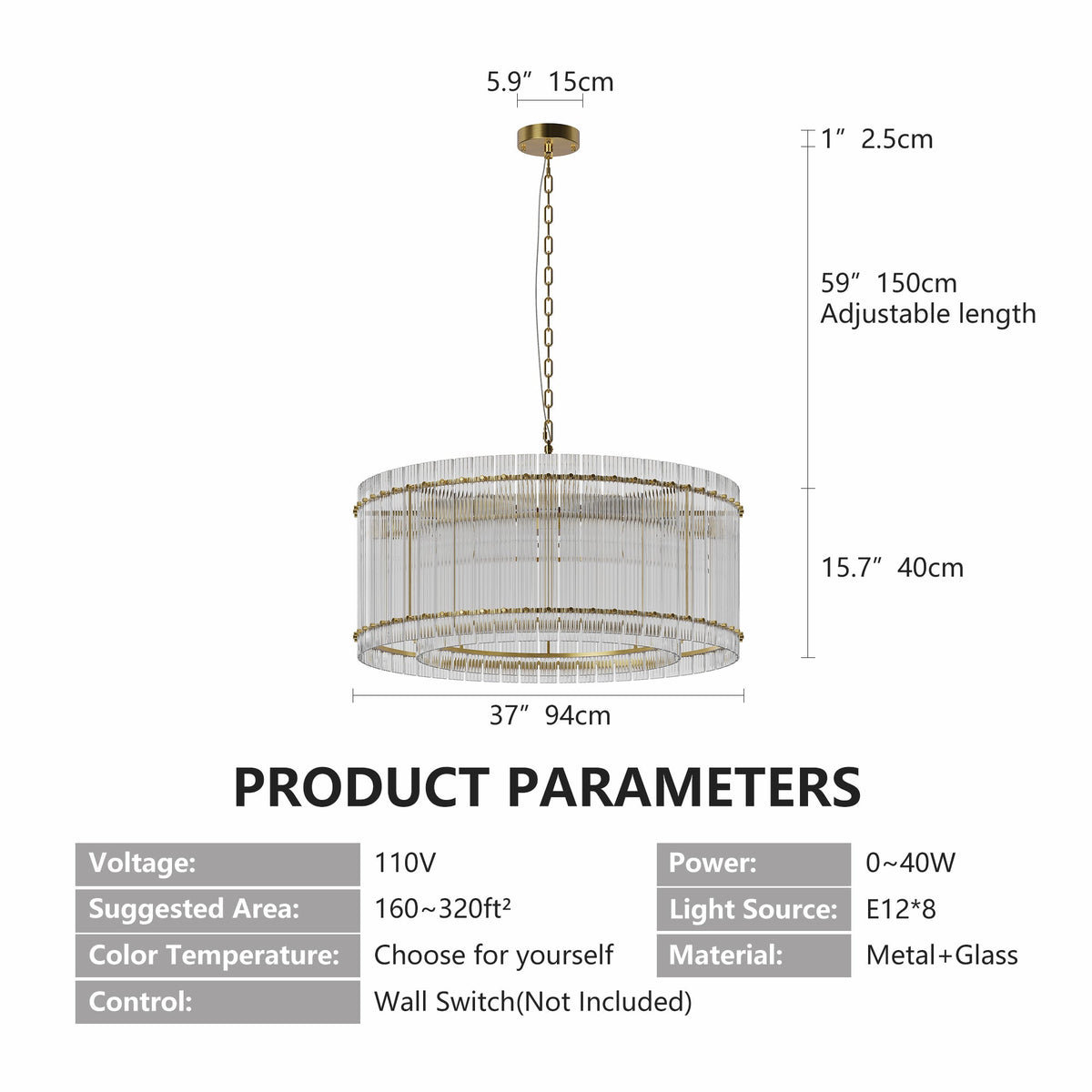 37" Modern Gold Round 8-Light Crystal Chandelier with 2-Tier Crystal Glass - Gold, photo 8 of 9