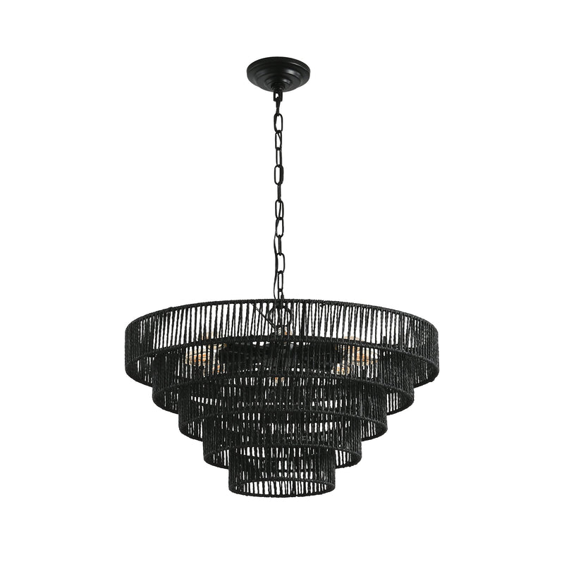 Rustic 5-Tier Hemp Rope Chandelier with 8 Lights - Black