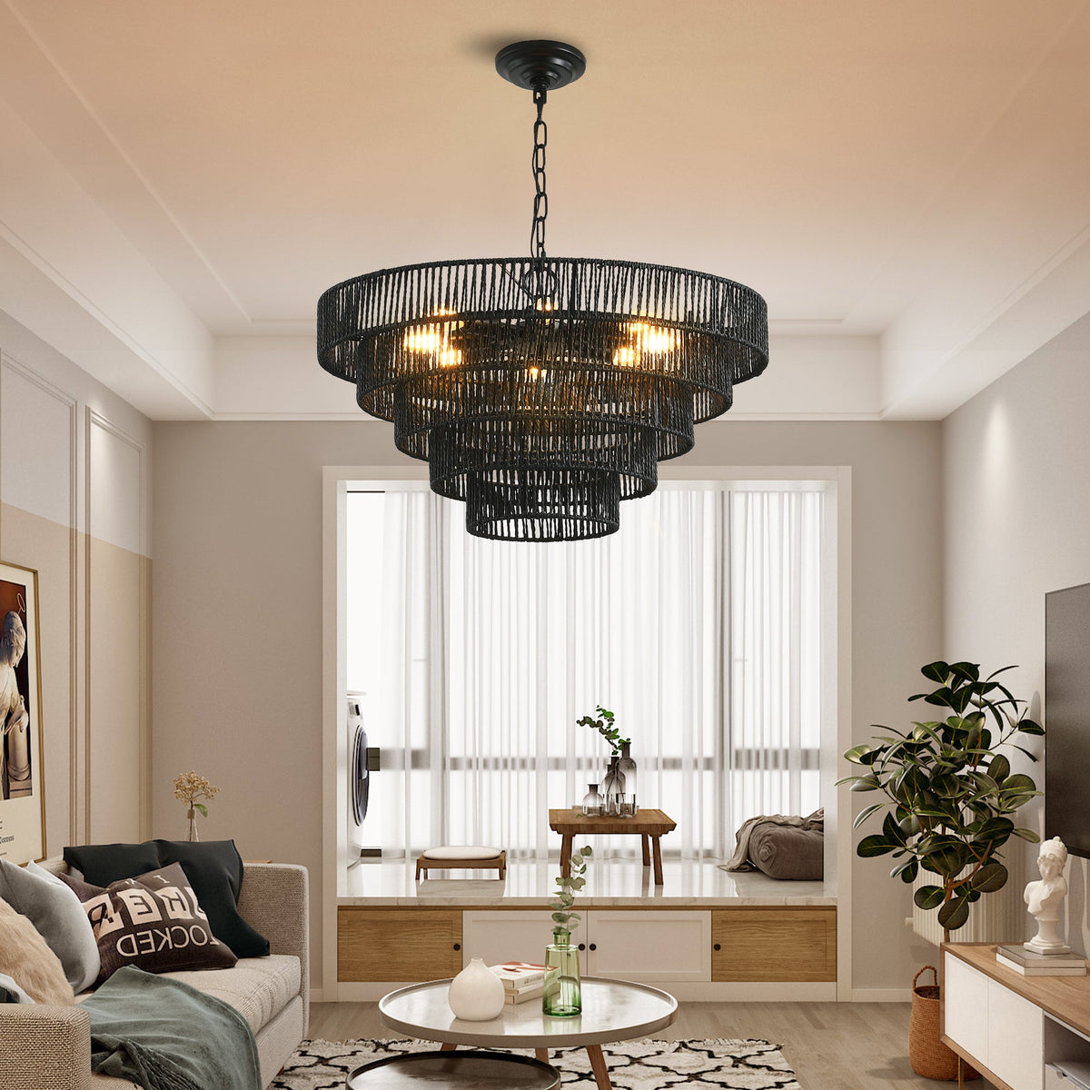 Rustic 5-Tier Hemp Rope Chandelier with 8 Lights - Black, photo 2 of 9