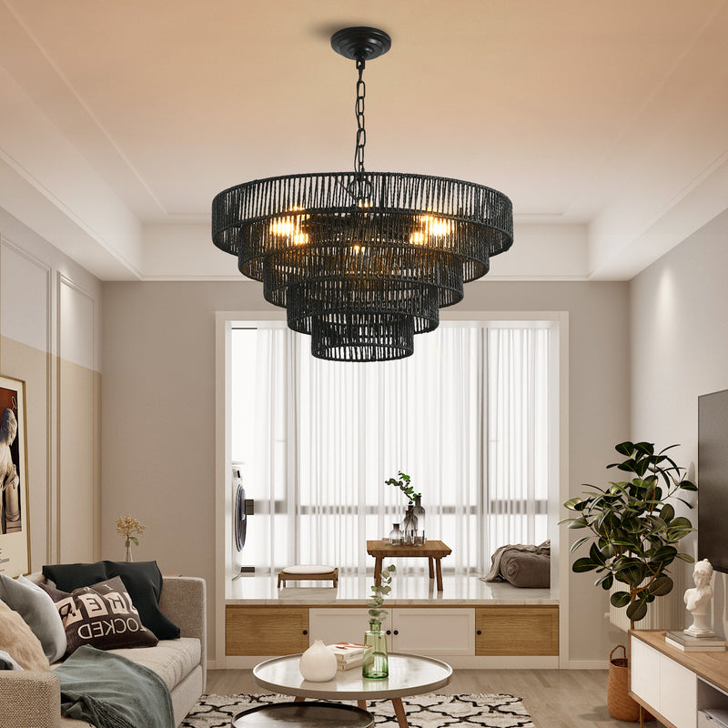 Rustic 5-Tier Hemp Rope Chandelier with 8 Lights - Black, photo 2 of 9
