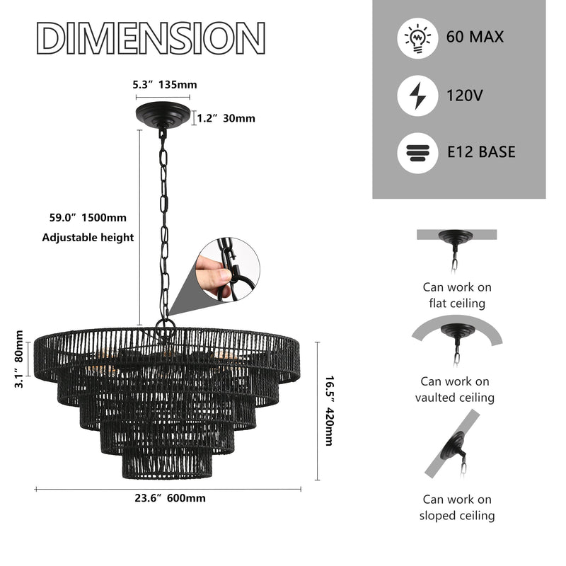 Rustic 5-Tier Hemp Rope Chandelier with 8 Lights - Black, photo 9 of 9