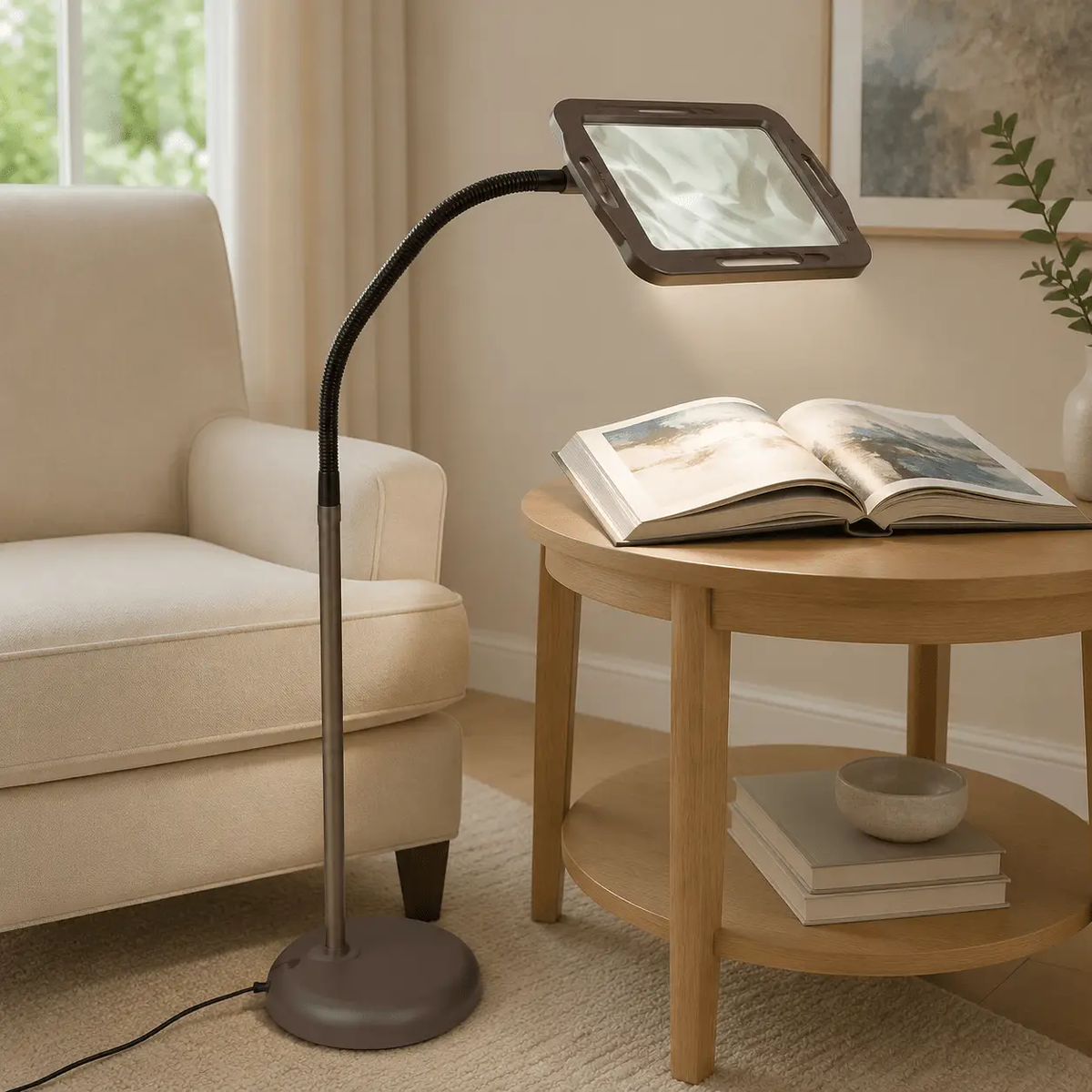 LightView Pro 8X10 - Full Page Magnifying Floor Lamp - Hands Free Magnifier with Bright LED Light for Reading - Flexible Gooseneck Holds Position by Outdoor Solar Outlet