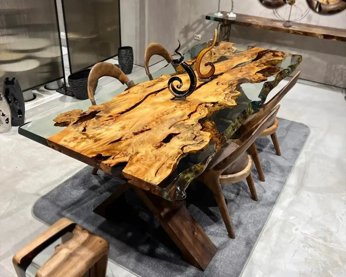 Solid Linden Wood Natural Look Epoxy Resin Side Dining Table by Gizz