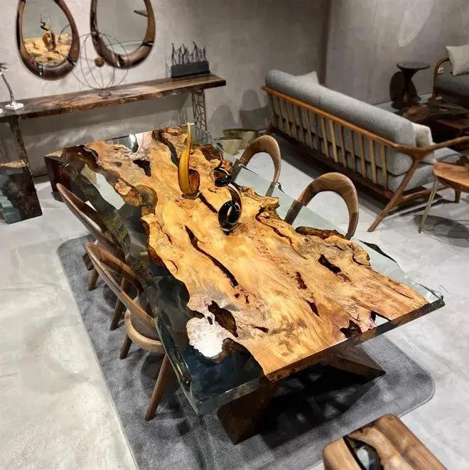 Solid Linden Wood Natural Look Epoxy Resin Side Dining Table by Gizz